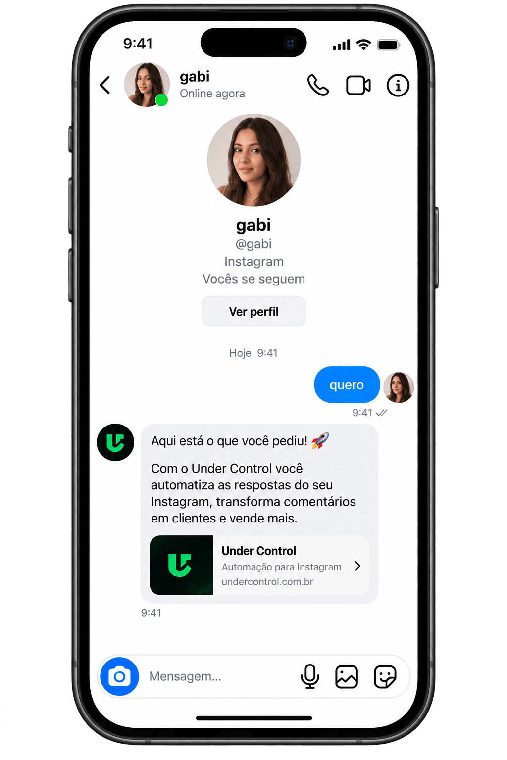 Conversa no Direct: o comentário “quero” de um lado e, do outro, a resposta enviada automaticamente pelo Gatilho.
