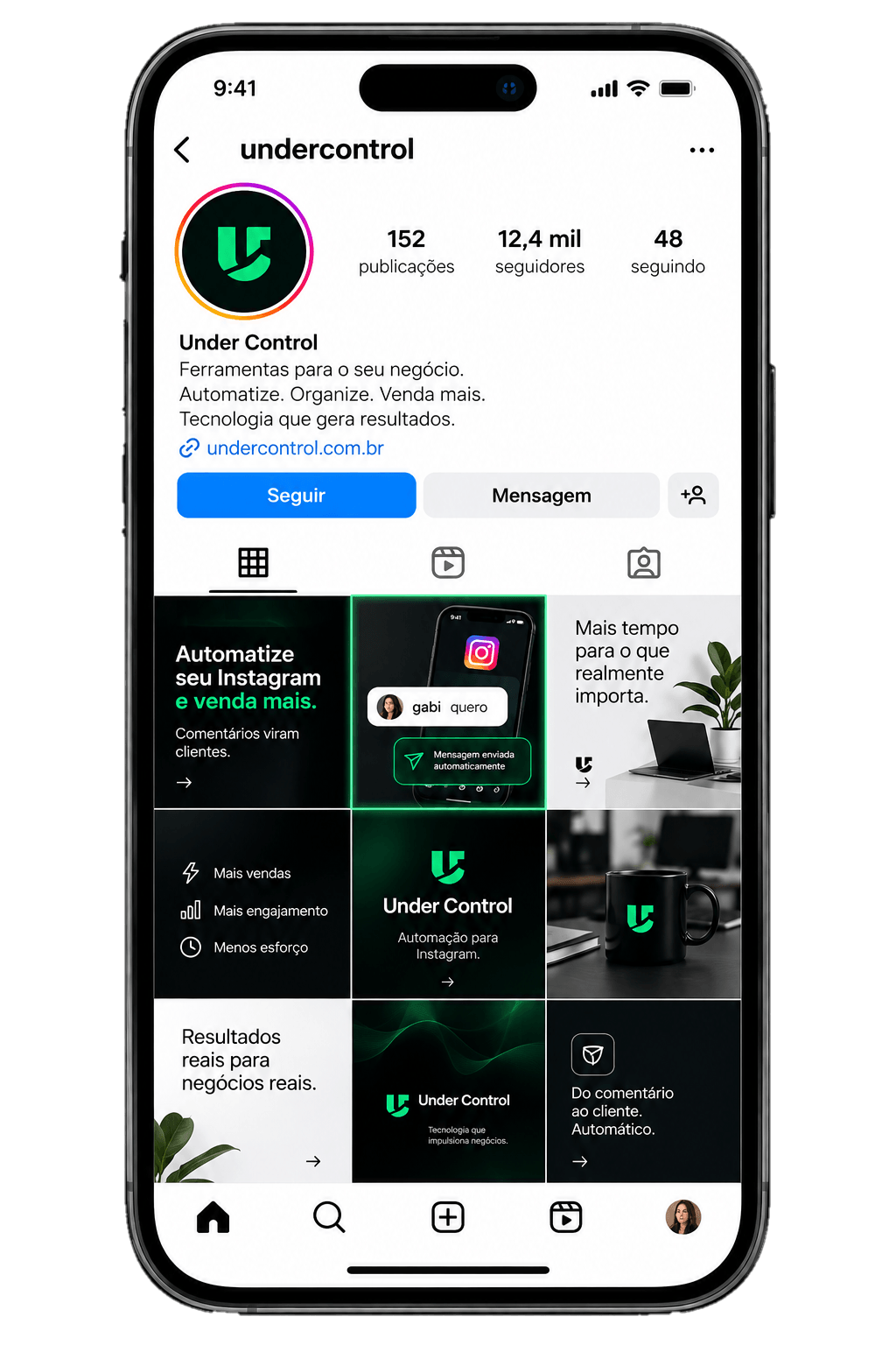 Perfil no Instagram com a grade de publicações; uma delas aparece contornada como a publicação selecionada.